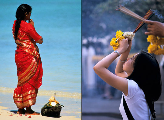 Prière à Brahmâ (Gauche : Grande Baie – Maurice – 1994 / Droite : Erawan Corner – Bangkok - 2002)